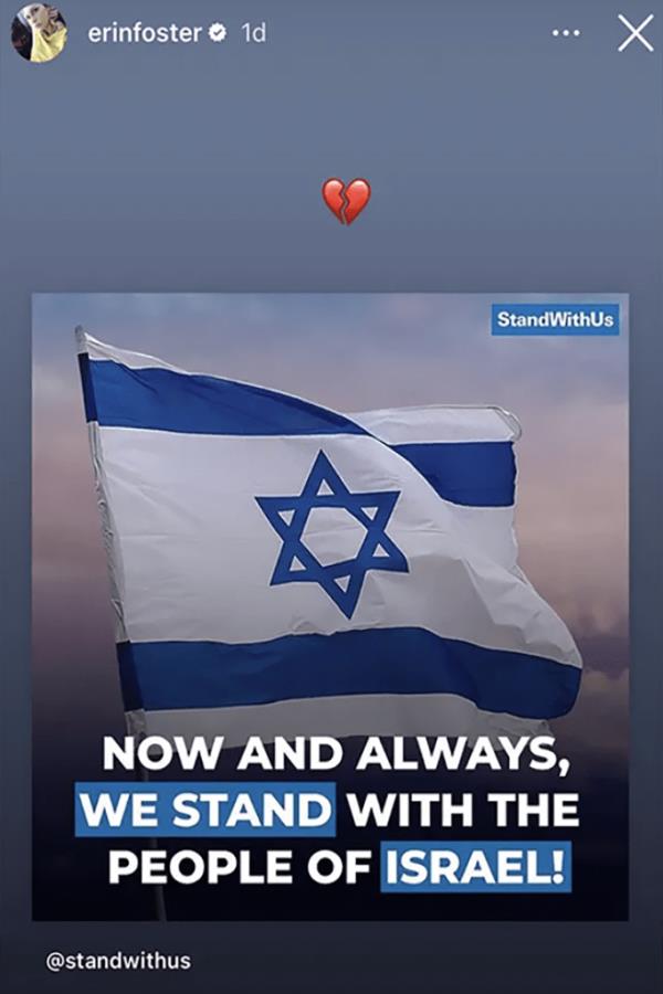 Erin Foster then shared a post from nonprofit organization Stand With Us, adding a brokenhearted emoji.